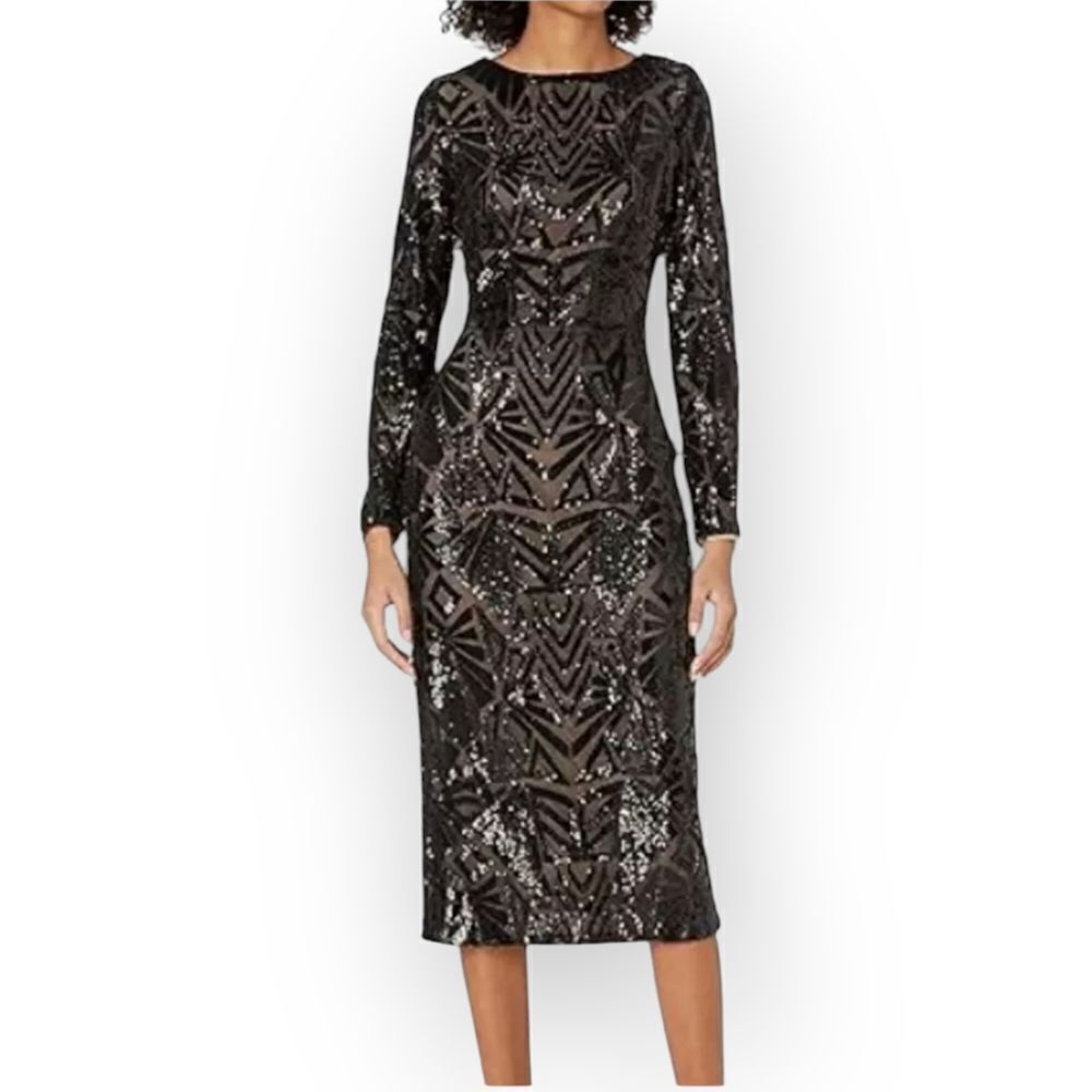 NWT Dress the Population Sequin Black Long Sleeve Bodycon Cocktail Dress Sz L